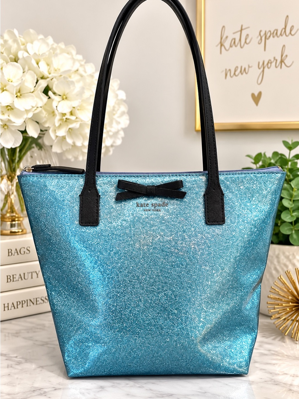 Kate Spade Mavis Glitter Tote Teal Blue Sparkle Bow Shoulder Bag